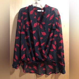 Bisou Bisou Black Red Sheer Lip Print Blouse XL